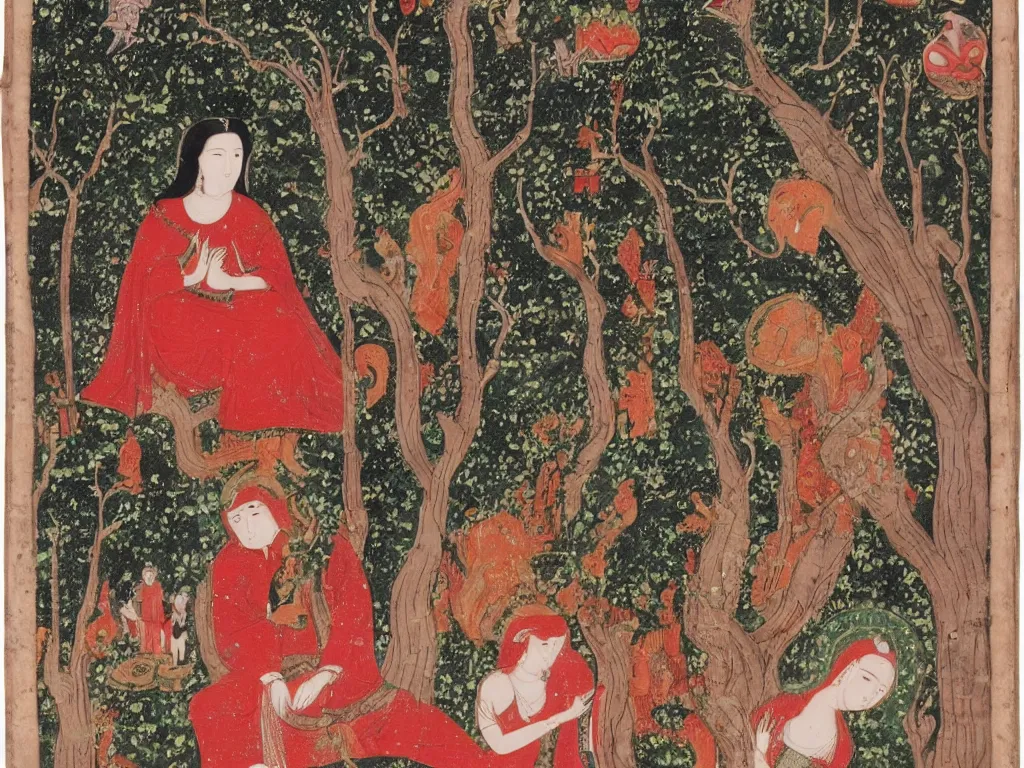 Prompt: Portrait of a young mystic dressed in white meeting the red Godess, thunderstorm, forest. Clear, high contrast Mughal Tantric miniature.