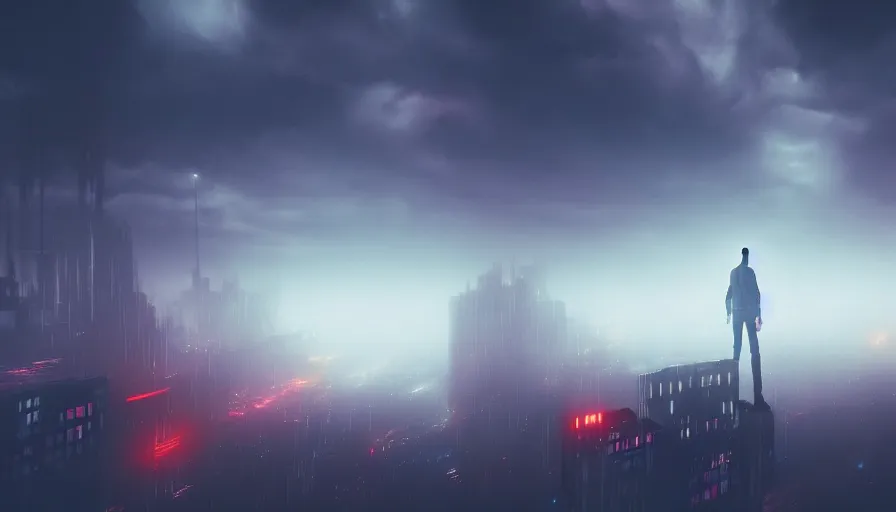 Image similar to man in sky falling through clouds over a dark cyberpunk city, digital art, volumetric lighting, dystopia, artstation, concept art, painting
