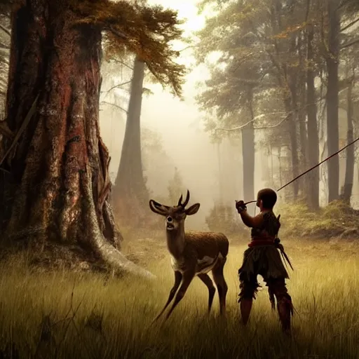 Image similar to kratos teaching atreus how to hunt deer with a bow in a forest, stunning 3 d render inspired art by greg rutkowski and xiang duan and thomas eakes, perfect facial symmetry, flesh texture, realistic, highly detailed attributes and atmosphere, dim volumetric cinematic lighting, 8 k octane detailed render, post - processing, masterpiece, rtx on, rendering on unreal engine