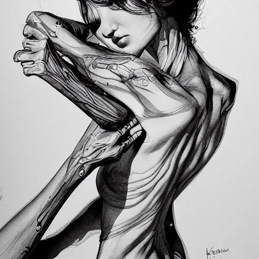 Image similar to hyperrealistic, detailed, skinny lady, gorgeous, dynamic pose, ink, line art by Kim Jung gi