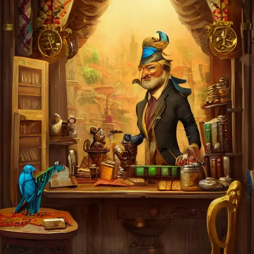 Image similar to A Anthropomorphized parrot trader in his shop, selling his wares, portrait, items, gold, carpet, window, sly expression, cunning expression, presenting wares, holding a gold bag, D&D, fantasy, cinematic lighting, highly detailed, digital painting, artstation, concept art, smooth, sharp focus, illustration, warm light, cozy warm tint, magic the gathering artwork, volumetric lighting, 8k, art by Akihiko Yoshida, Greg Rutkowski