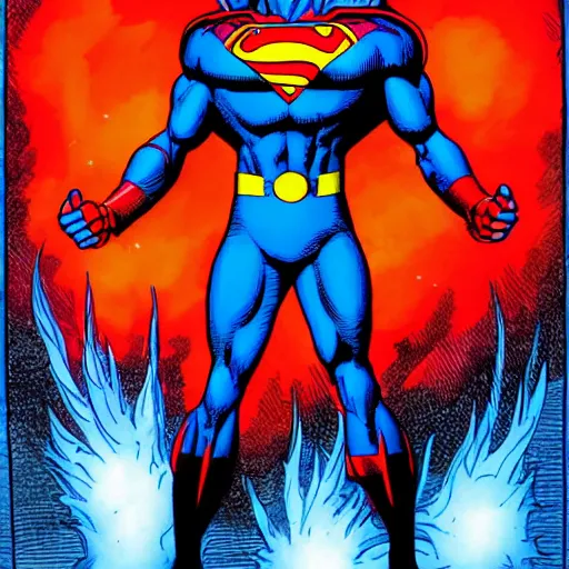 Prompt: a man in a blue suit standing in front of a fire ball, a comic book panel by jim lee, featured on deviantart, rayonism, dc comics, apocalypse art, parallax