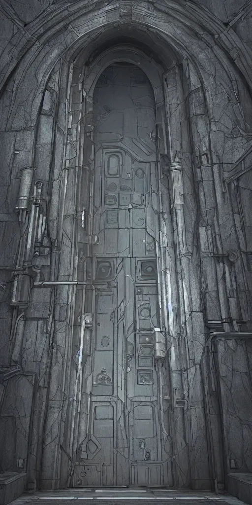 Prompt: huge sci - fi door with medieval ornaments, sci - fi art, concept art, dark moody colors, 8 k detailed digital art, octane