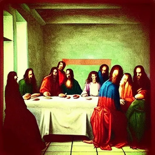 Image similar to “the last supper, but it’s in the backrooms with backroom monsters”
