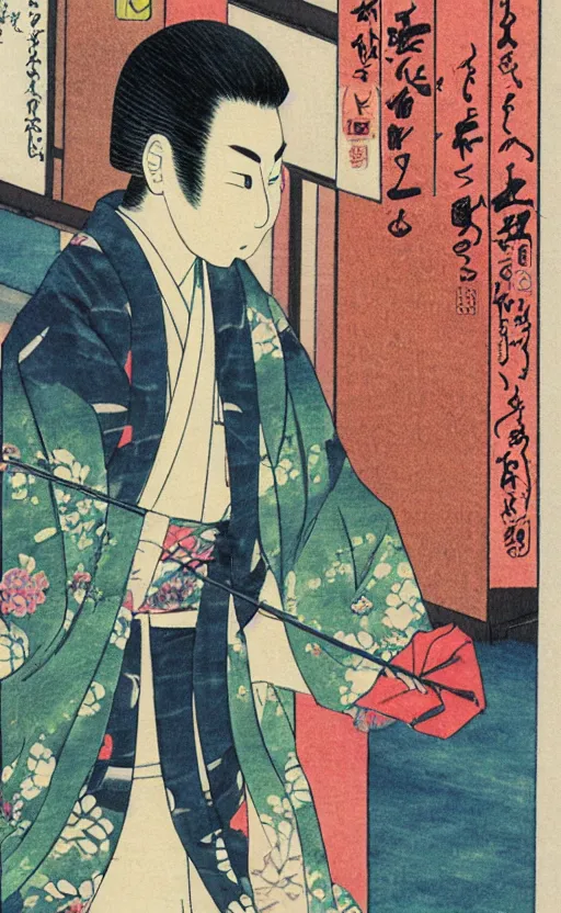 Prompt: by akio watanabe, manga art, male calligrapher running outside house door, kyoto, kimono, trading card front