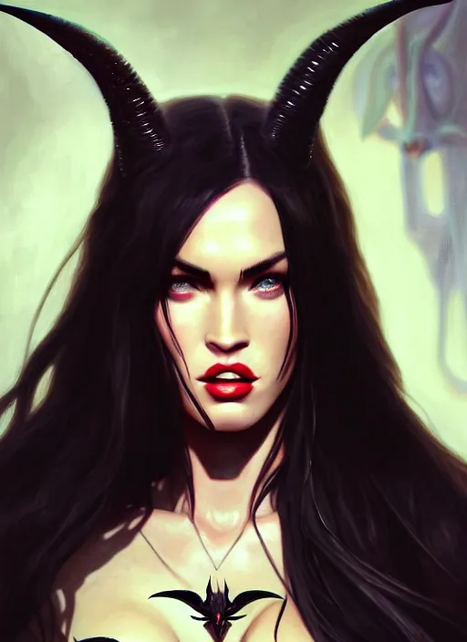 Prompt: portrait of megan fox as a evil demon with hornes, batwings, hell, jewelry, greek, dark, intricate, headshot, key visual, conceptart, ambient lighting, highly detailed, digital painting, artstation, concept art, sharp focus, by makoto shinkai and akihiko yoshida and greg manchess