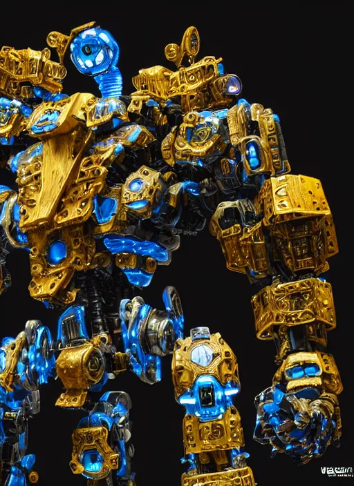 Image similar to a intricate ornate boxing humanoid mecha, punk, by war robots, real steel ( 2 0 1 1 ), westworld and pacific rim movie and ps 5 game machine warrior 5, cryengine, frostbite 3 engine, blue and yellow scheme, sharp focus, 8 k, high definition, insanely detailed, soft lighting, smooth face