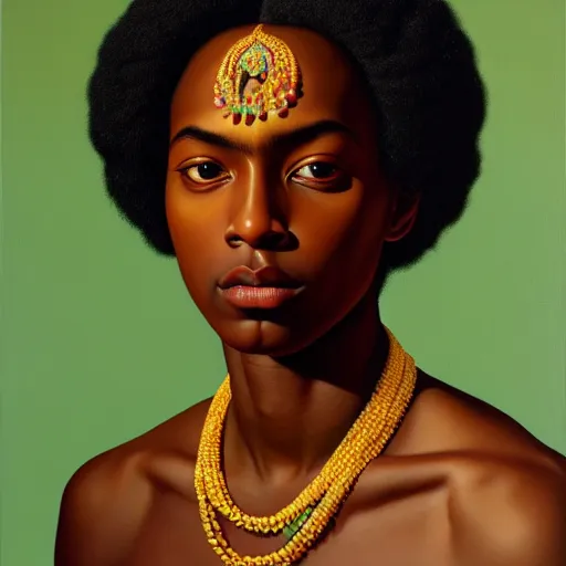 Image similar to A portrait of a slender contemporary and pretty non-binary person, dark skin tone, Indian, oil painting by Kehinde Wiley, majestic, detailed, high resolution