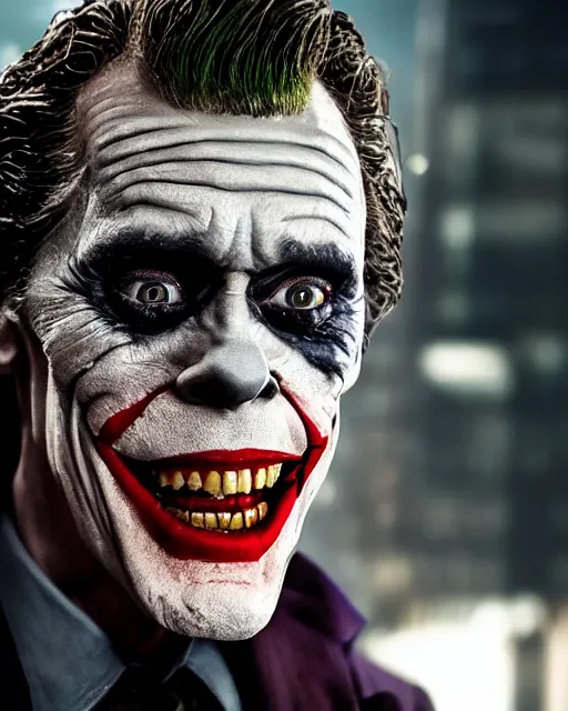 Image similar to a movie still of Batman starring Willem Dafoe as the Joker smiling, 8k, Technicolor, telephoto lens, detailed skin, detailed realistic eyes, medium shot, mid-shot