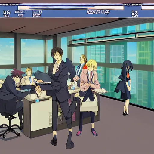 Prompt: wallstreet office with brokers running between the bloomberg terminals, visual novel cg, commodore 6 4, 8 0 s anime vibe, vaporwave nostalgia, tsukihime, muv - luv, baldr sky, kimagure orange road, maison ikkoku, city hunter, great teacher onizuka