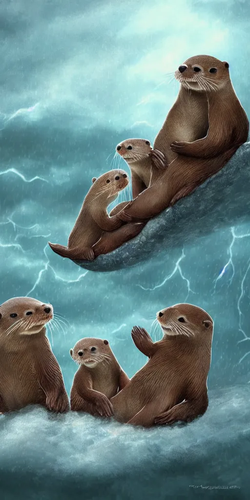 Image similar to family of adorable otters falling in love holding hands side by side huddled, all hiding together in the middle of a super scary storm at sea, fantasy illustration, cinematic, award winning, romantic, detailed trending on artstation, masterpiece