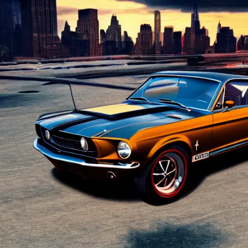 Image similar to 1 9 6 8 ford mustang during golden hour, view of new york in warm light, highly detailed, artstation, concept art