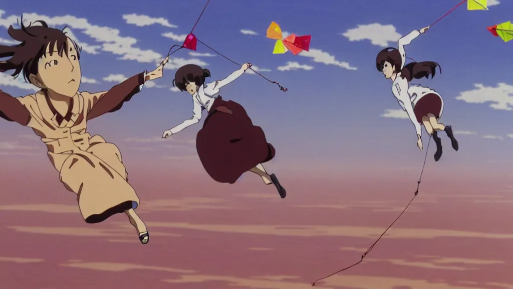 Prompt: a woman wearing a brown dress suit and a pigeon mask surfing on a kite the air in Tokyo, anime film still from the an anime directed by Katsuhiro Otomo with art direction by Salvador Dalí, wide lens