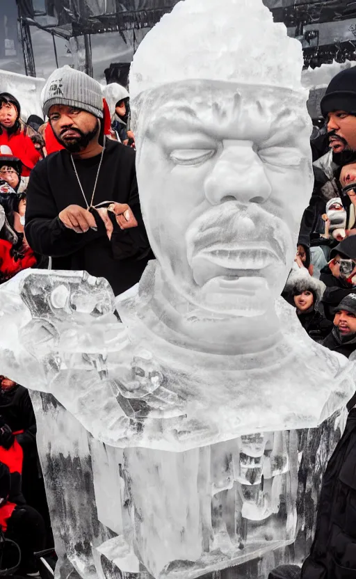 Image similar to dramatic photo, the rapper'ice cube'carving a full body ice sculpture of rapper'ice cube'at harbin ice festival, wide angle photo, award winning, artgerm, wlop, james gurney, trending on artstation