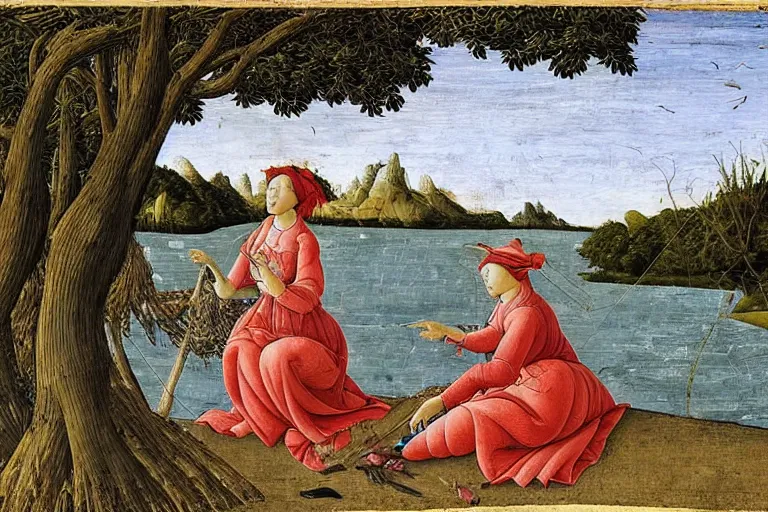 Image similar to two woman net fishing at the river bank on a spring day, sandro botticelli