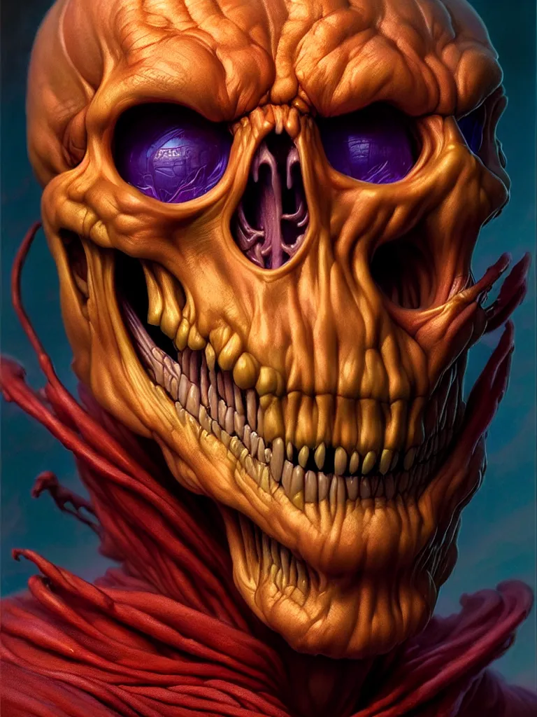 Image similar to hyperrealistic rendering, skeletor face by donato giancola and greg rutkowski and wayne barlow and zdzisław beksinski, product photography, action figure, sofubi, studio lighting, colored gels