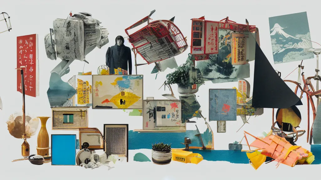 Image similar to an arrangement of traveller explorer props, japan, a collage painting, in the style of wes anderson, lola dupre, david hockney, isolated on negative white space background dark monochrome neon spraypaint accents volumetric octane render