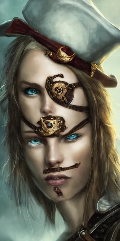 Image similar to Pirate Queen wearing an eyepatch, close-up, highly detailed, high quality, fantasy concept art, soft lighting