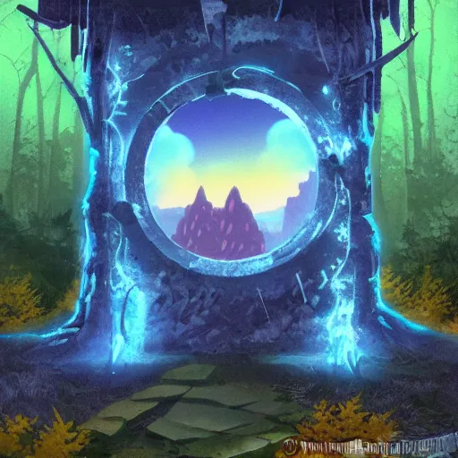 Prompt: a portal in ruins, glowing with its final power. in a landscape like forest. in the style of studio ghibli