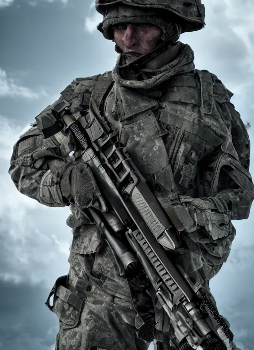 Prompt: war soldier, high developed equipment, futuristic, vicious, ultra realistic, 8K resolution, film grain,