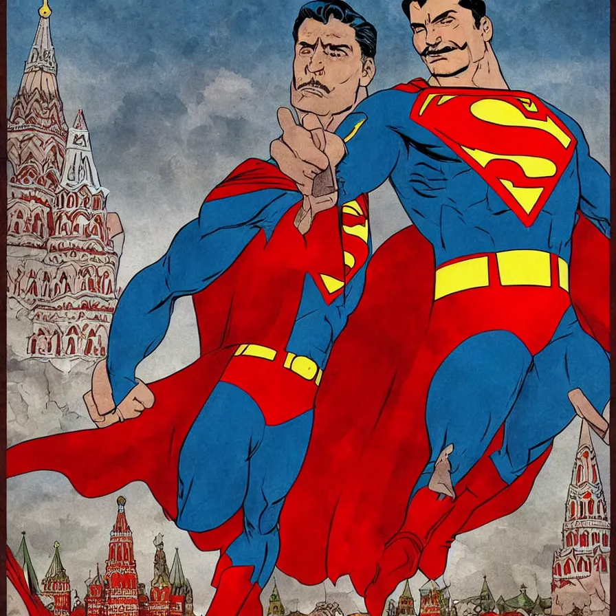 Image similar to epic comic book cover of stalin as superman floating over the red square ( moscow ), soviet propaganda poster, socialist realism, aesthetically pleasing, finely detailed facial features, photorealistic, intricate digital art, trending artstation, artgem, rich moody colors, fan art, concept art, in the style of the red son and invincible