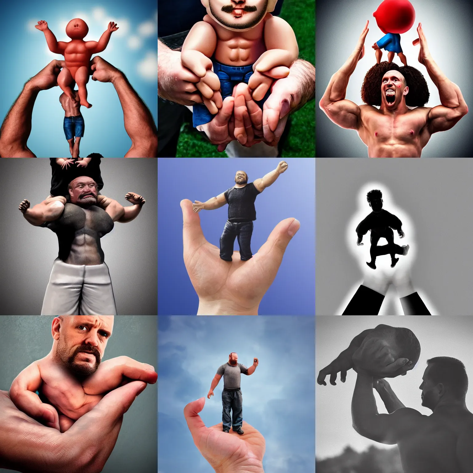 Prompt: giant strongman holding a man in his palm