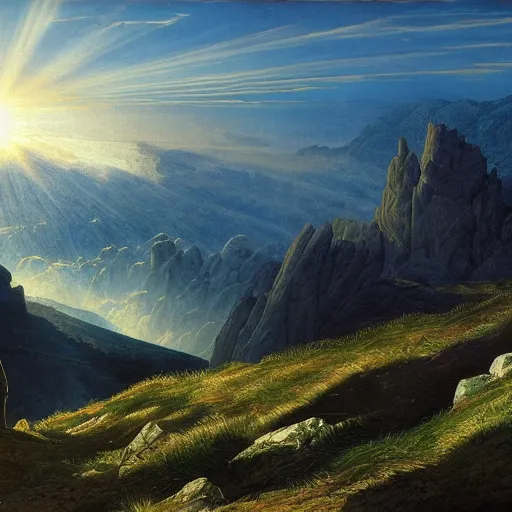 Image similar to a wanderer looking down from the peak of a mountain, distant valley, sunset, sunrays, dramatic light, high detail, masterpiece, painted by caspar david friedrich, trending on artstation