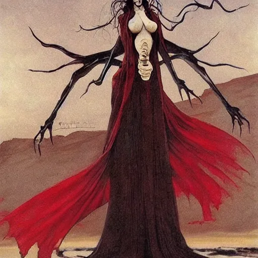 Image similar to flowing, evocative by robert mcginnis. a beautiful body art of a horned, red - eyed, skeleton - like creature, with a long black cape, & a staff with a snake wrapped around it, standing in front of a castle atop a cliff.