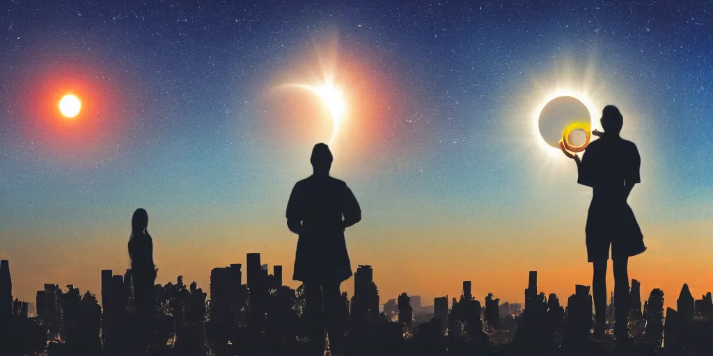 Prompt: a solar eclipse in the sky above, the city of ancient babylon below in the distance, the city is on fire, full-body silhouette of a single observer in the foreground, thick impasto paint, double exposure, lens flare, 50mm bokeh