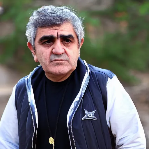 Image similar to jafar panahi mixed with gordon brown, clean shaven, wearing an umbro sports tracksuit and gold necklace with large star shaped intricate gold medallion