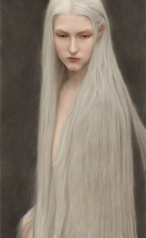 Image similar to say who is this with silver hair so pale and wan! and thin!? female angel, wearing long silver hair flowing hair, pale fair skin, you g face, silver hair, covered!!, clothed!! lucien levy - dhurmer, fernand keller, oil on canvas, 1 8 9 6, 4 k resolution, aesthetic!, mystery