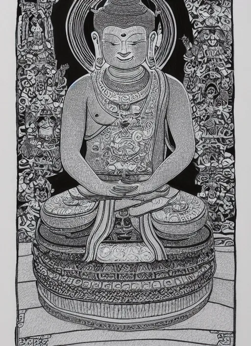 Prompt: detailed pen and ink illustration of a man with a bears head, Buddhist bodhisattva, anthropomorphic, all drawn with micron, seated in royal ease, black micron pen on white paper, highly detailed, fine pen work, white background