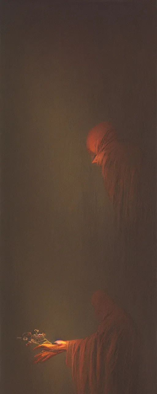 Prompt: dark figure tending to a dried flower in a dark room, zdzislaw beksinski, stephen gamell, 8 k, artstation, interior
