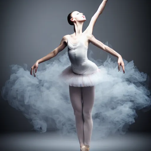 Image similar to ballerina dance in smoke, body covered with silk cloth, highly detailed, photorealistic portrait, bright studio setting, studio lighting, crisp quality and light reflections, unreal engine 5 quality render