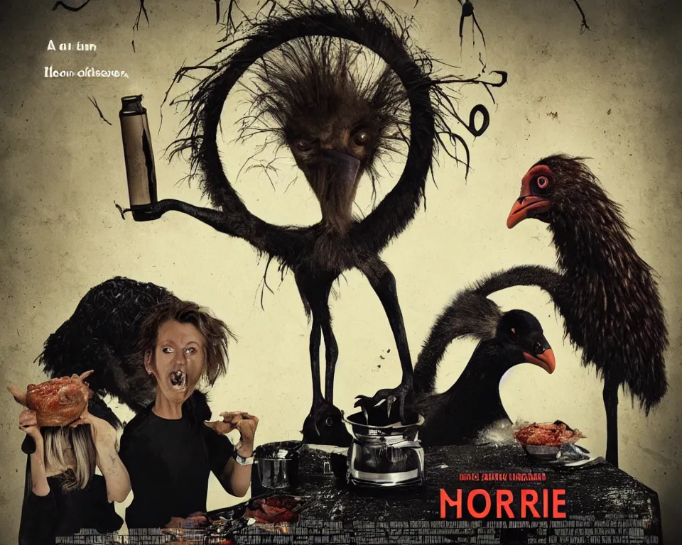 Image similar to a horror movie poster featuring a ostrich hosting a cooking show,