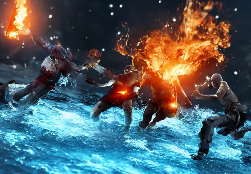 Prompt: two characters clashing & fighting over planet earth, one using water & one using fire, octane render, future