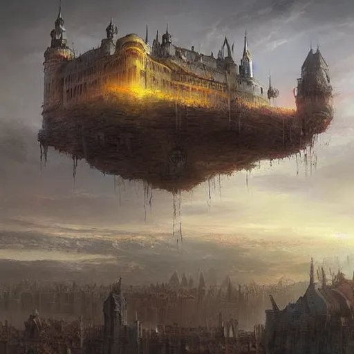 Prompt: a painting of a city castle floating in the air, flying island, levitating citadel, a matte painting by marc simonetti, deviantart, fantasy art, apocalypse landscape, matte painting, apocalypse art