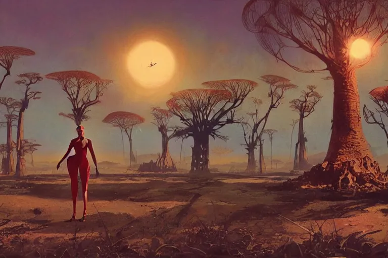 Prompt: 5 0 s pulp scifi illustration, woman holding retro ray gun stands beside tall martian creature, beautiful landscape, plain stretching into distance, pond, baobab trees, painted by bergey, craig mullins, ruan jia, raymond swanland, jeremy mann, beksinski, jack kirby, tom lovell, alex malveda, schomburg