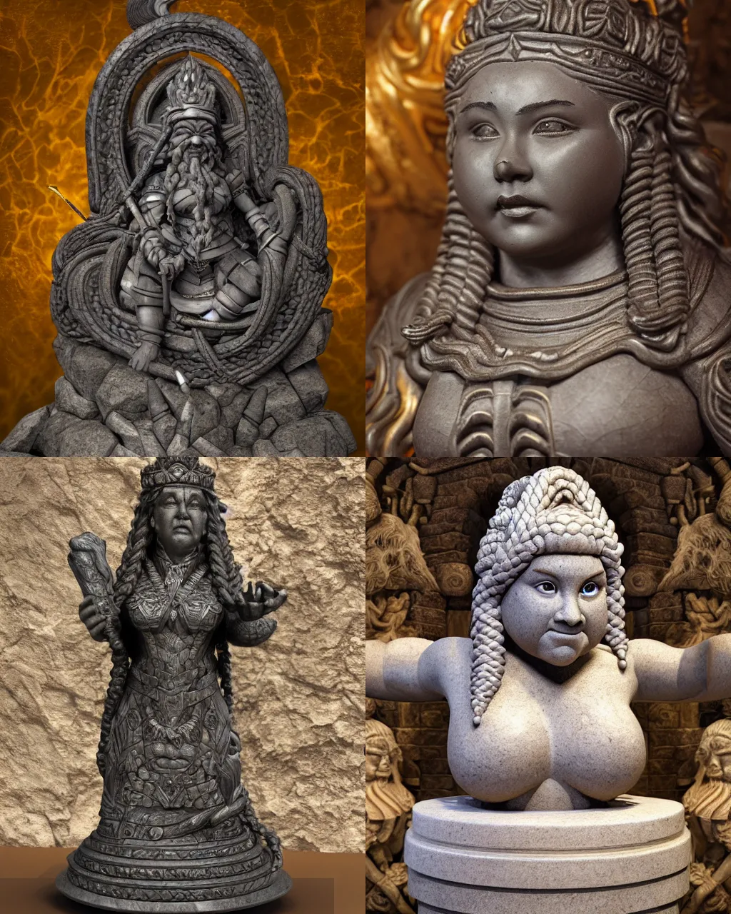 Prompt: masterwork smooth granite statue depicting a beautiful ancient dwarven queen with long braided hair, on a golden pedestal in the middle of a worked stone room, highly detailed, intricate, realistic, soft lighting, sunshafts, artstation, dungeons and dragons, chubby female dwarf, sharp focus