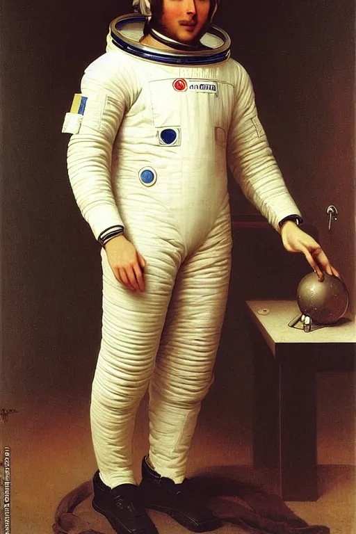 Prompt: a portrait of a male astronaut, wearing a spacesuit and helmet, dressed neatly, by bouguereau