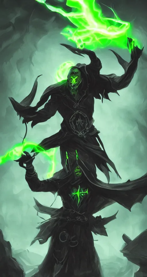 Image similar to illustration of dark priest holding green lightning, black halo, evil, power, green mist, scary, photorealistic, unreal engine, hellish background , Mtg , Dnd ,