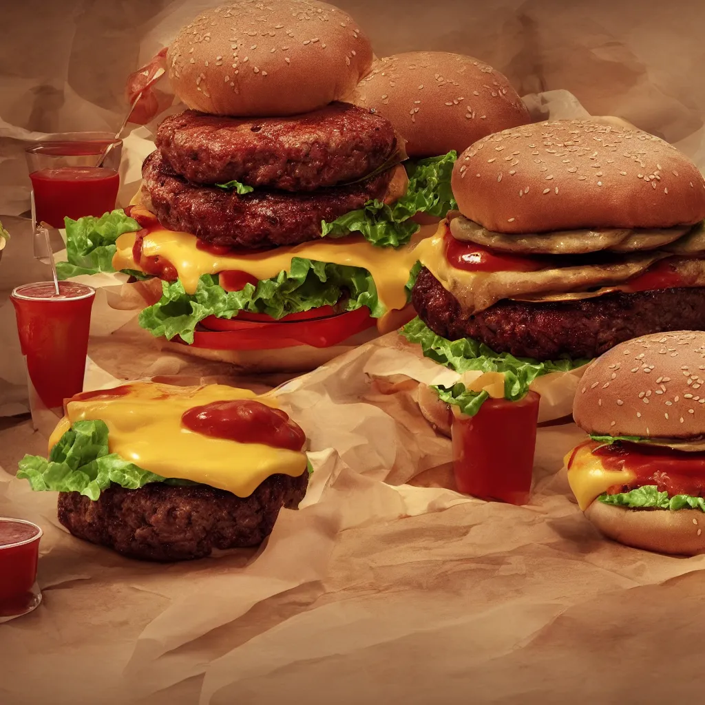 Prompt: A burger with too much ketchup all over the wrapping paper, octane render, Unreal Engine, cinematic