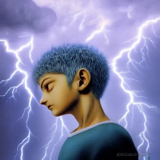 Prompt: killua zoldyck made by zdzisław beksinski, thunderstorm, lighting, blue, pose, 8 k, detailed, high quality, detailed face, 8 k