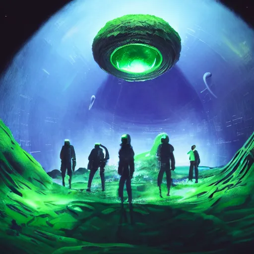 Image similar to a crew of space explorers enter inside a alien nest full of hatching eggs, dark cave, green bioluminescent light, futuristic, realistic, highly detailed, real picture