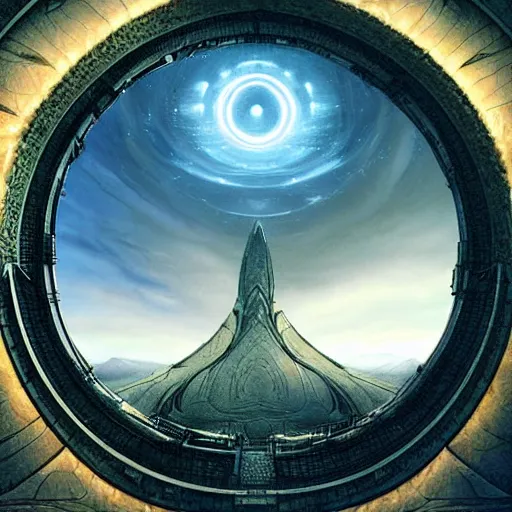 Image similar to stargate made of stone that form a circle, cinematic view, epic sky by android jones