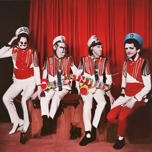 Image similar to 1 9 6 0 s photograph of a 4 piece white male psychedelic rock band in peppermint themed sailor outfits posing with instruments in a set that resembles sgt. pepper's lonely hearts club band