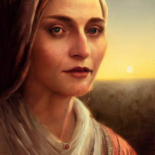 Image similar to renaissance italian fortune teller, armitage, closeup portrait, sunset, gorgeous view, depth, painted by seb mckinnon, high detail, digital art, painted by greg rutkowski, trending on artstation