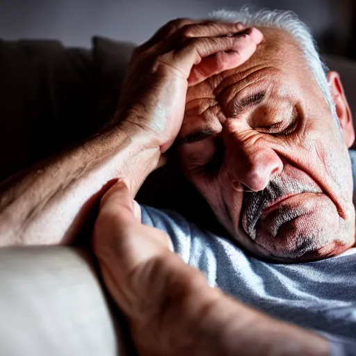 Image similar to photo of a 67 year old Romanian man falling asleep on the couch as he checks his pulse, National Geographic, photo, HD, 8k