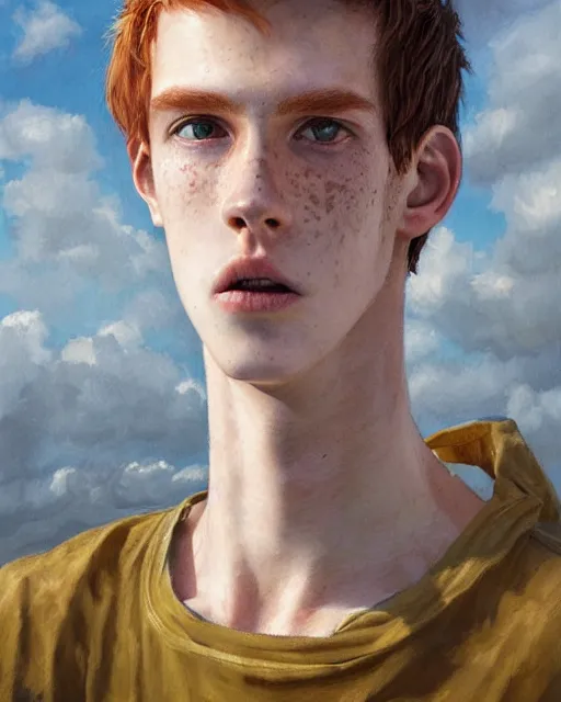 Image similar to portrait of tall, thin, 1 5 - year - old boy with a long nose, a lot of freckles, fiery red hair, and bright blue eyes, hyper realistic face, beautiful eyes, fantasy art, in the style of greg rutkowski, intricate, hyper detailed, smooth