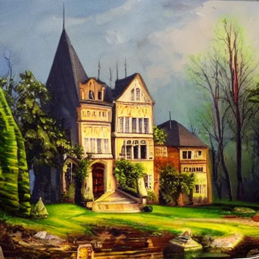 Prompt: Haunted old gothic european mansion, oil painting